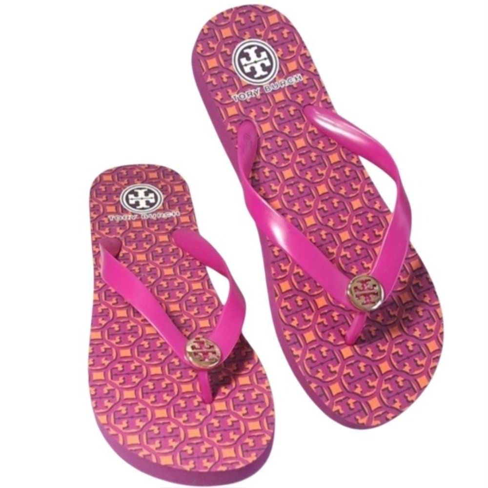 Tory Burch Thandie Logo Print Women's Flip Flop Sandals Size 9 Pink & Orange